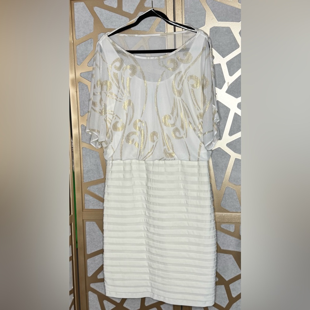 EY BOUTIQUE White & Gold Cocktail Dress Chiffon Stretch Size 12